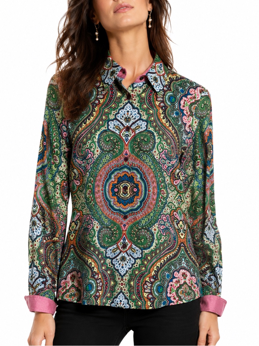 Robert Graham Paisley Mandala 100% Cotton Long Sleeve Collared Top Size 4